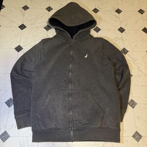 Nautica Zip Up Hoodie Mens XL Gray Fleece Lined Hooded Sweatshirt